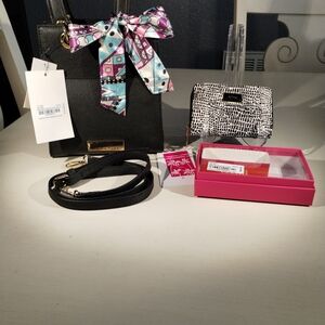 Brand New Trina Turk Black Handbag And Wallet Set with Colorful Scarf Accent